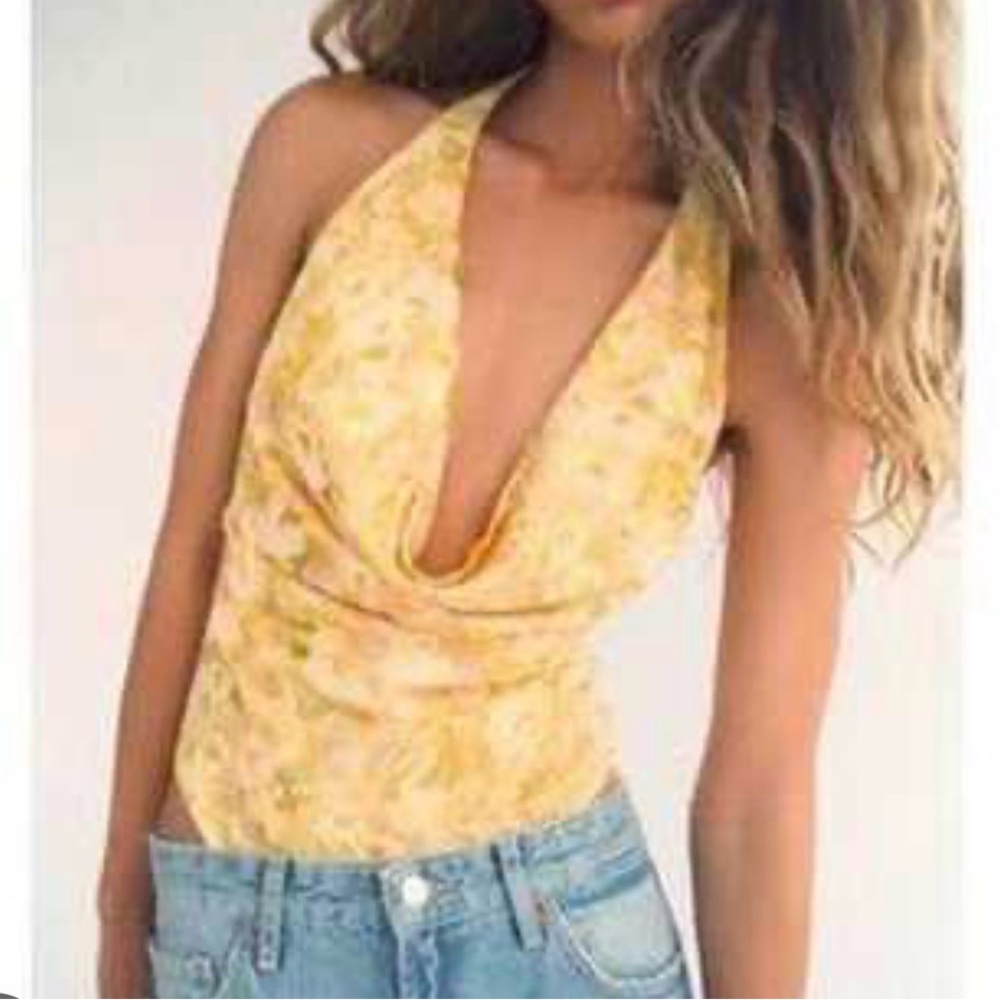Zara Yellow Floral Halter Cowl Neck Camisole bodysuit